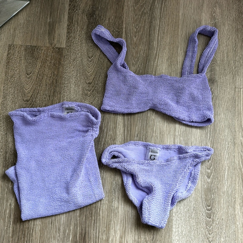 Hunza g 3 piece purple bikini with matching mini skirt set